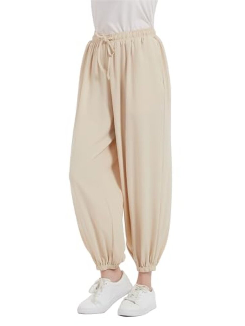 Womens Baggy Wide Leg High Waist Drawstring Casual Trousers Pockets